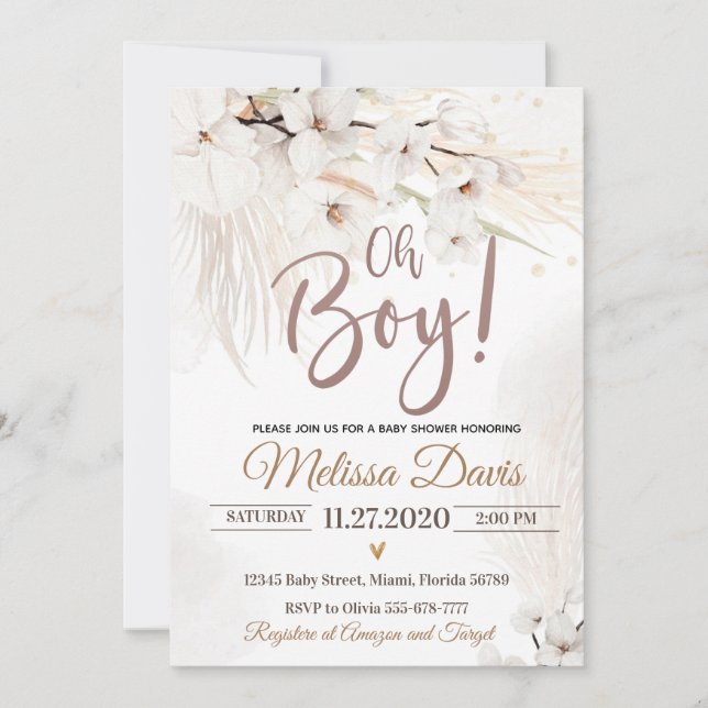 Pampas Grass Baby shower Invitation Oh Boy Bohemia (Devant)