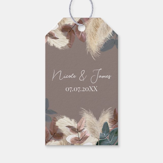 Pampas Grass & Blätter Bohemische Hochzeit Geschenkanhänger (Vorderseite)