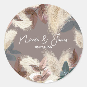 Pampas Grass & Blätter Bohemische Hochzeit Runder Aufkleber