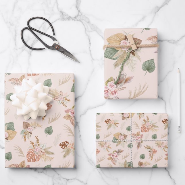 Pampas Grass & Blume auf Creme Geschenkpapier Set (Vorderseite)