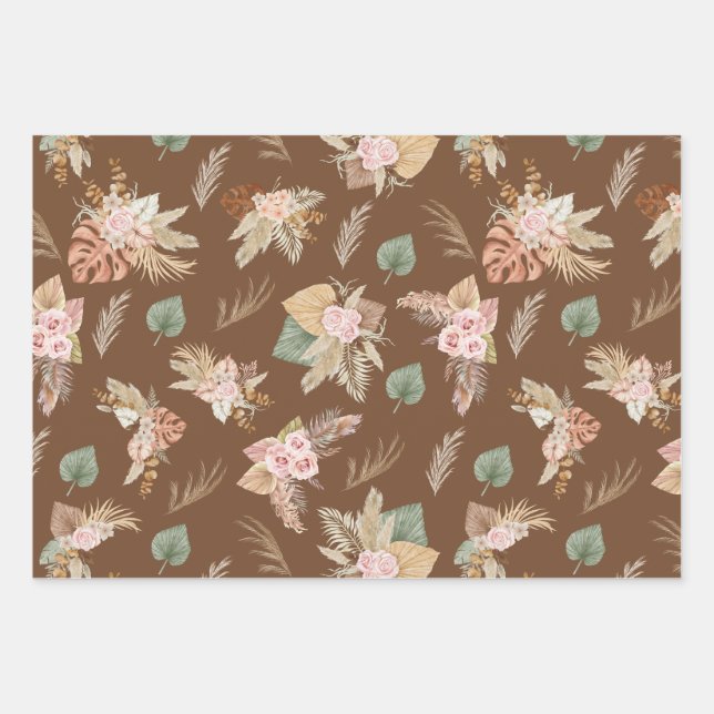Pampas Grass & Blume auf Kaffee Brown Geschenkpapier Set (Vorderseite 2)