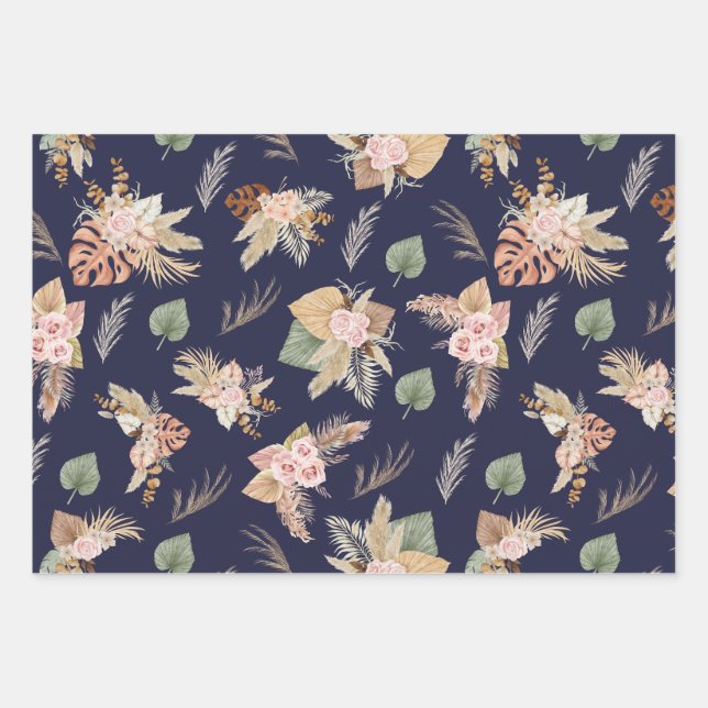 Pampas Grass & Blume auf Navy Blue Geschenkpapier Set (Vorderseite 2)