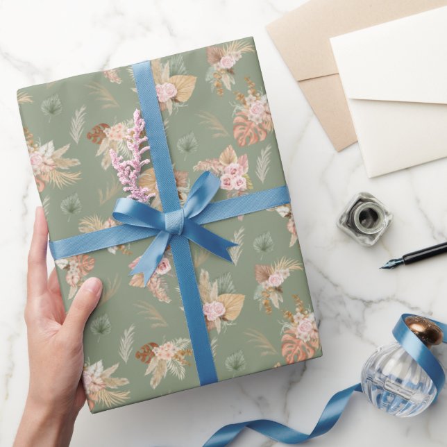 Pampas Grass & Blume auf Olivenölen Grün Geschenkpapier (Schenken)