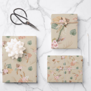 Pampas Grass & Blume auf Tan Geschenkpapier Set
