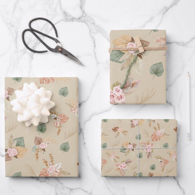 Pampas Grass & Blume auf Tan Geschenkpapier Set (Vorderseite)