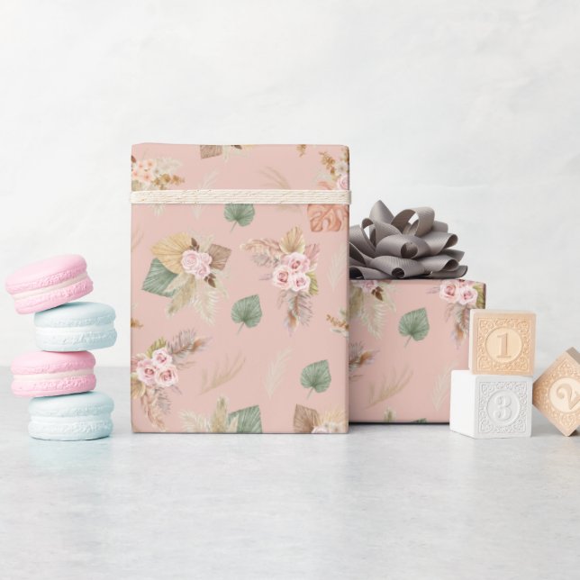 Pampas Grass & Blume auf Tee Rose Rosa Geschenkpapier (Babyparty)