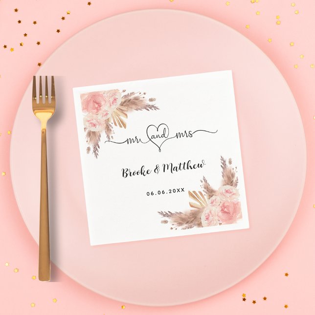 Pampas grass Blume mr mrs heart boho Hochzeit Serviette (Von Creator hochgeladen)