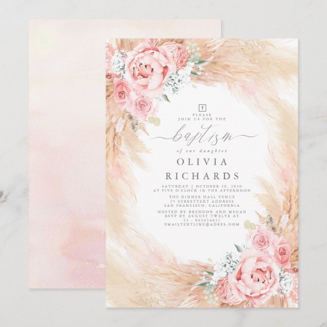 Pampas Grass Blush Pink Baptism Invitation (Devant / Derrière)