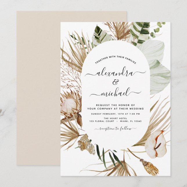 Pampas Grass Bohemisch Boho Tropical Wedding Invit Einladung (Vorne/Hinten)