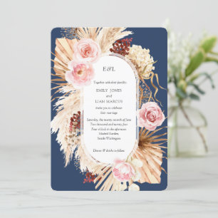 Pampas Grass Boho Aquarell Navy Pink Hochzeit Einladung