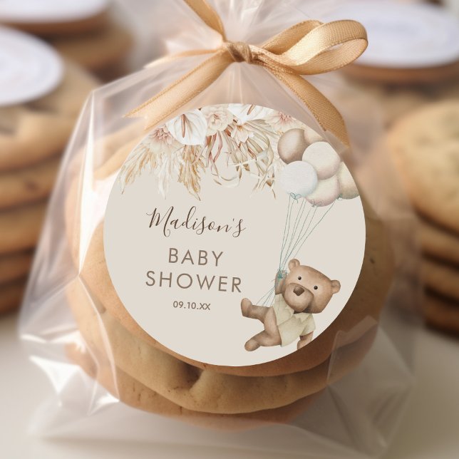 Pampas Grass Boho Bear Baby Shower Classic Round S Runder Aufkleber (Von Creator hochgeladen)