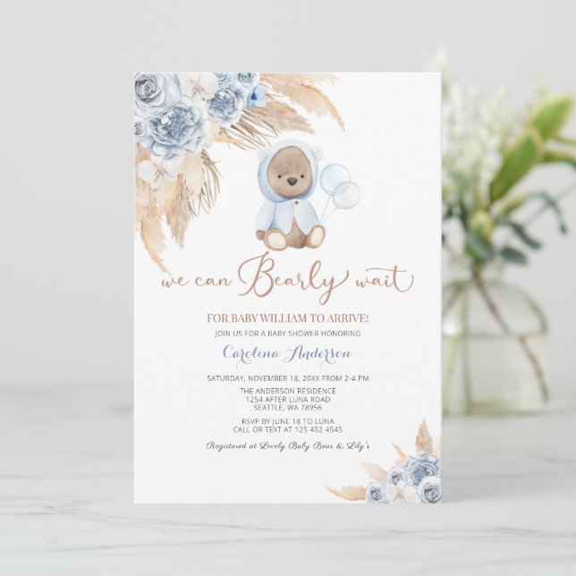 Pampas Grass Boho Bear Baby Shower Einladung (Stehend Vorderseite)