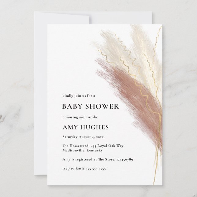 Pampas Grass Boho Blush Pink Gold Baby Dusche Invi Einladung (Vorderseite)