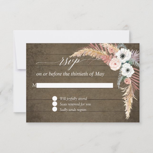 Pampas Grass Boho Blush White Floral Wood UAWG RSVP Karte (Vorderseite)