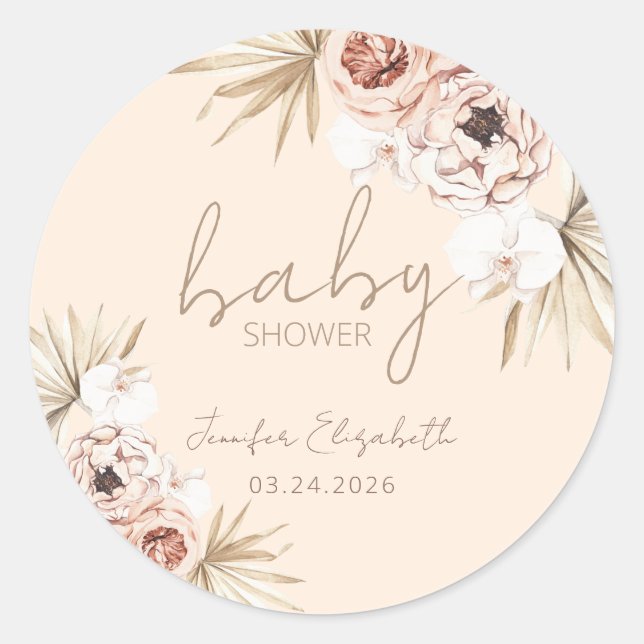 Pampas Grass Boho Bohemisch Baby Dusche Runder Aufkleber (Vorderseite)