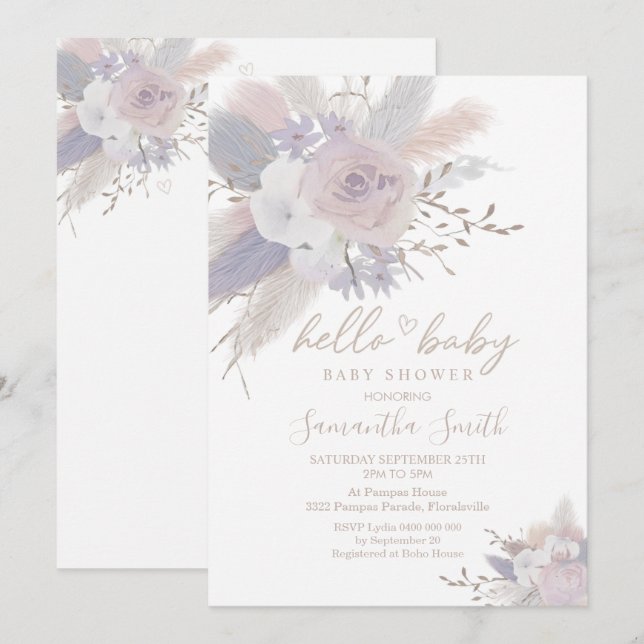 Pampas Grass Boho Floral Baby shower Invitation (Devant / Derrière)