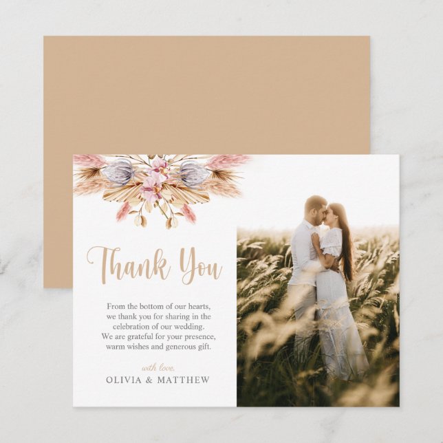 Pampas Grass Boho Foto Hochzeit Vielen Dank Dankeskarte (Vorne/Hinten)