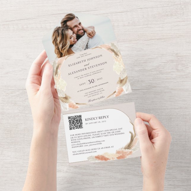 Pampas grass boho Foto QR Code Hochzeit All In One Einladung (Abreißen)