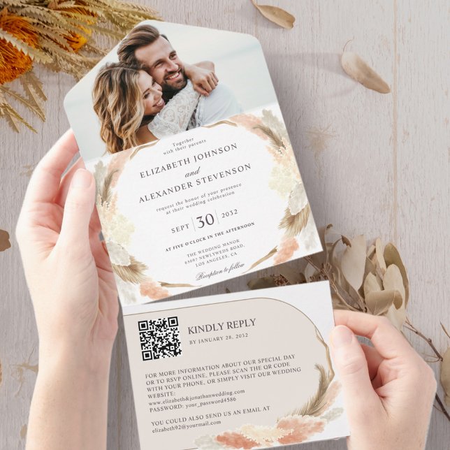 Pampas grass boho Foto QR Code Hochzeit All In One Einladung (Von Creator hochgeladen)