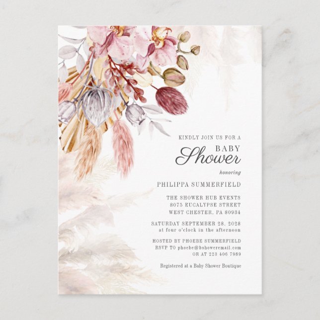 Pampas Grass Boho Getrocknete Blume Kinderdusche Einladungspostkarte (Vorderseite)