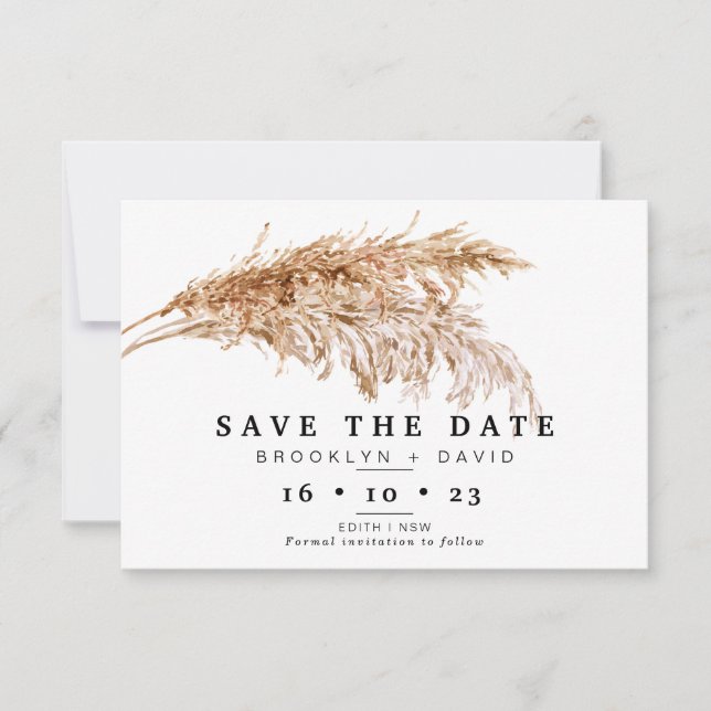 Pampas Grass Boho Hochzeit Speichern Sie die Datum Einladung (Vorderseite)