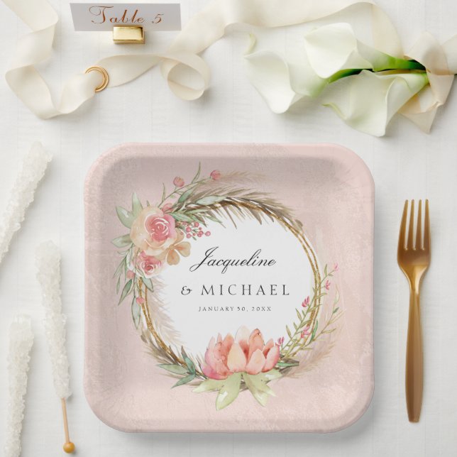 Pampas Grass Boho Pink Rose Floral Wreath Bridal Pappteller (Hochzeit)