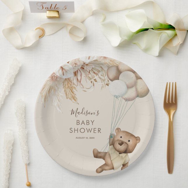 Pampas Grass Boho Teddy Bear Baby Shower Paper Pla Pappteller (Hochzeit)