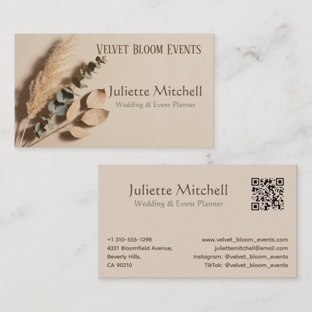 Pampas Grass Boho Wedding Planner Business Card Visitenkarte (Vorne/Hinten)
