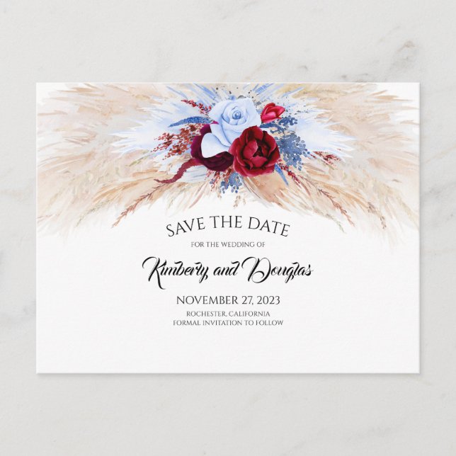 Pampas Grass Burgundy Dusty Blue Save the Date Ankündigungspostkarte (Vorderseite)