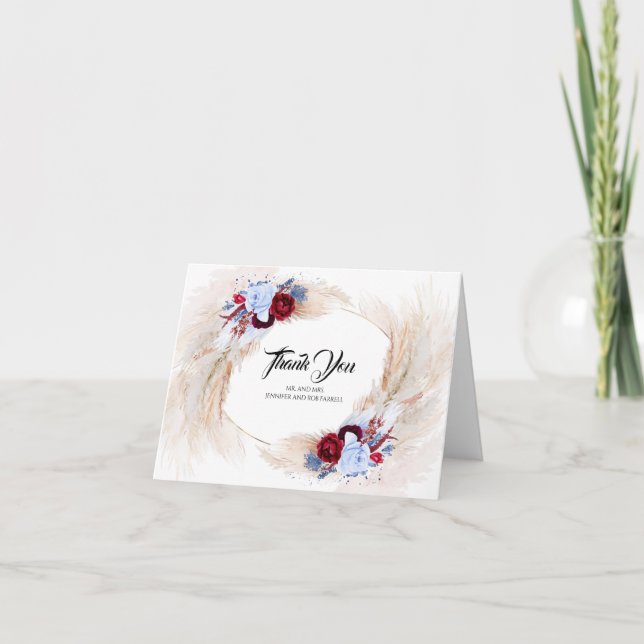 Pampas Grass Burgundy Dusty Blue Wedding Vielen Da Dankeskarte (Vorderseite)