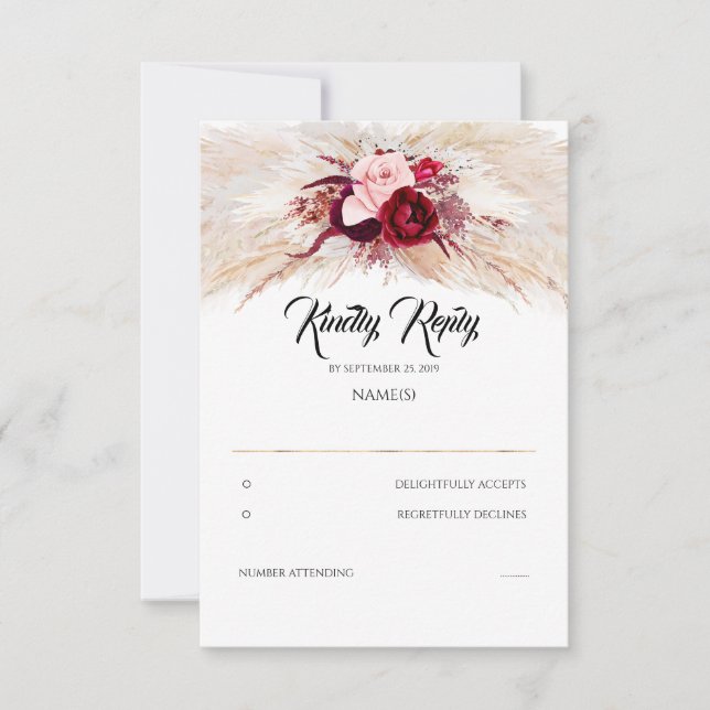 Pampas Grass Burgundy Red Chic Wedding RSVP Karte (Vorderseite)