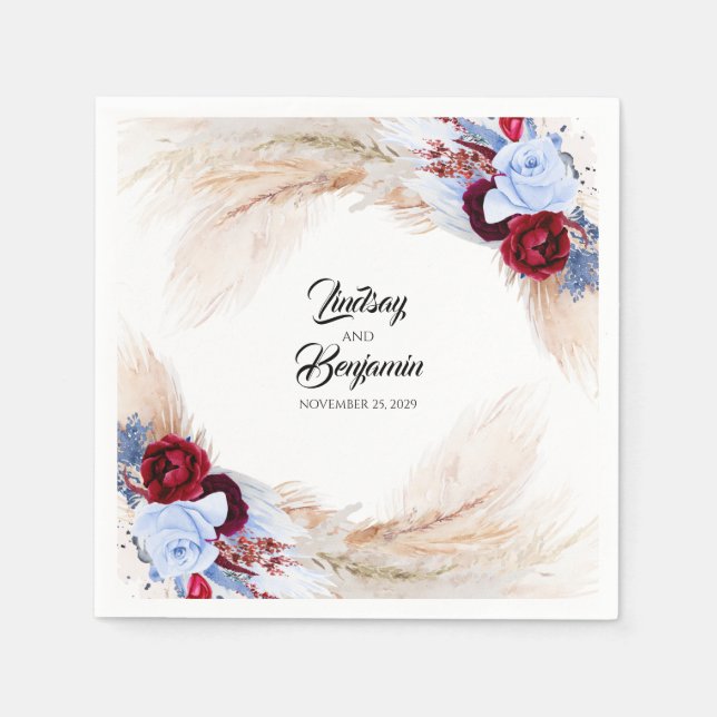 Pampas Grass Burgundy Red Dusty Blue Floral Serviette (Vorderseite)