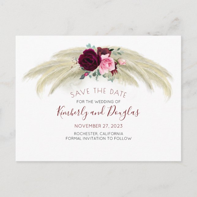 Pampas Grass Burgundy Red Floral Save the Date Ankündigungspostkarte (Vorderseite)