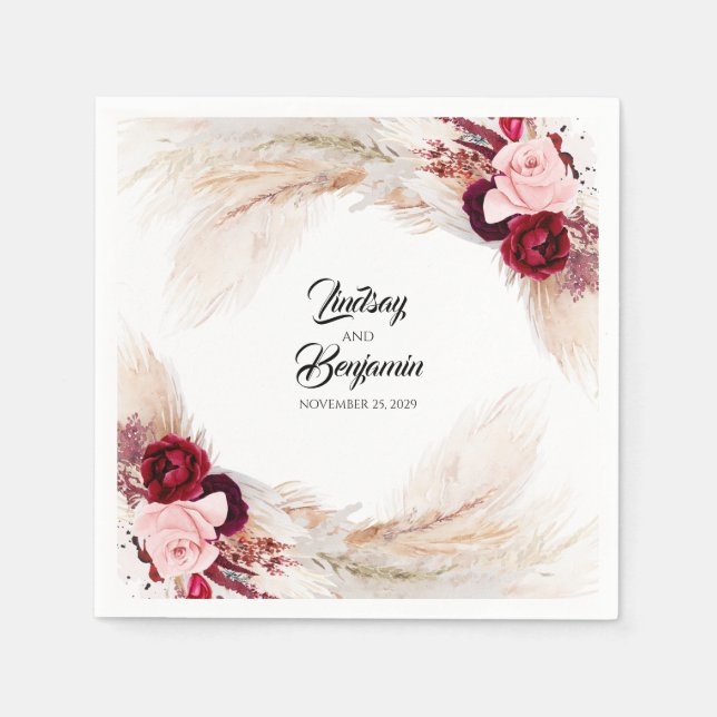Pampas Grass Burgundy Red Floral Wedding Serviette (Vorderseite)