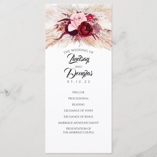 Pampas Grass Burgundy Red Modern Hochzeitsprogramm Programm (Vorderseite)