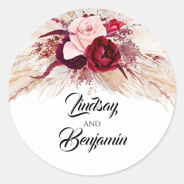 Pampas Grass Burgundy Red Modern Wedding Runder Aufkleber (Vorderseite)