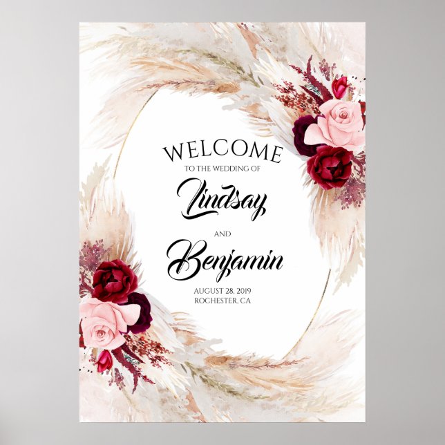 Pampas Grass Burgundy Red Wedding Begrüßungszeiche Poster (Vorne)