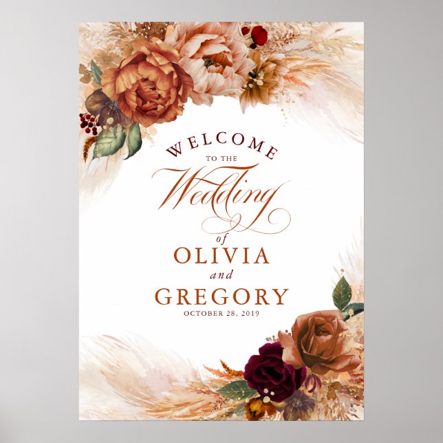 Pampas Grass Copper Rust Floral Wedding Welcome Poster (Vorne)