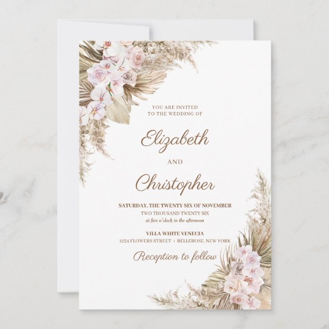 Pampas Grass Driving Palm Blush Rose Orchid Weddin Einladung (Vorderseite)
