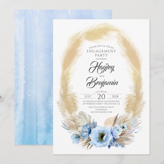 Pampas Grass Dusty Blue Floral Engagement Party Einladung (Vorne/Hinten)