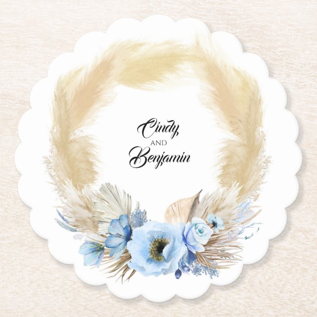 Pampas Grass Dusty Blue Floral Wreath Boho Summer Untersetzer (Vorderseite)