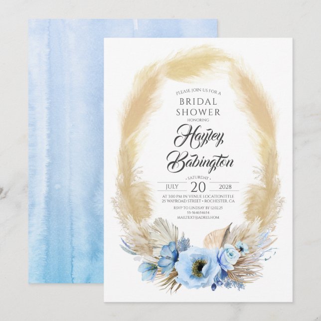 Pampas Grass Dusty Blue Flowers Brautparty Einladung (Vorne/Hinten)