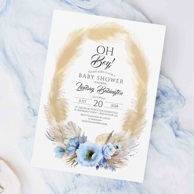 Pampas Grass Dusty Blue Flowers Kinderdusche Oh Ju Einladung (Elegant Boho Blue Baby Shower Invitations)