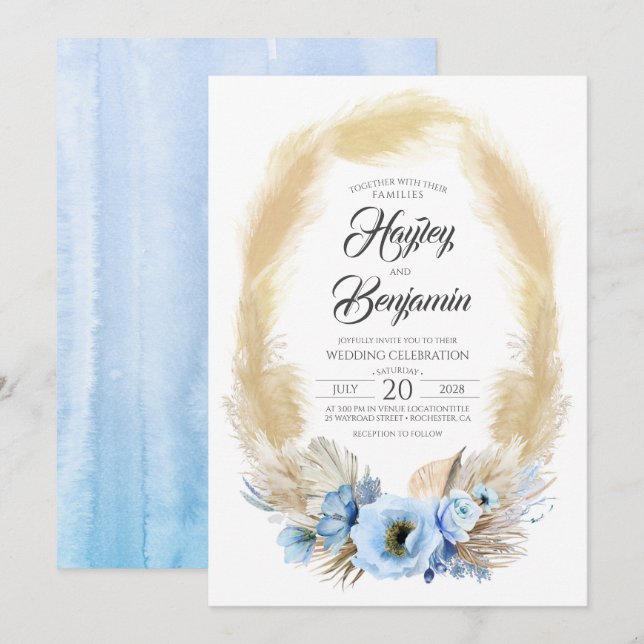 Pampas Grass Dusty Blumen Tropische Hochzeit Einladung (Vorne/Hinten)
