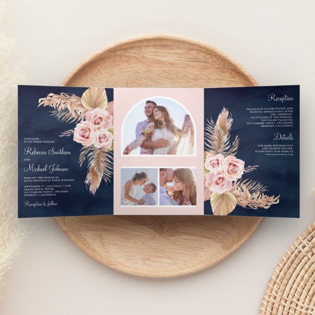 Pampas Grass Dusty Pink Roses Navy Blue Wedding Dreifach Gefaltete Einladung (Von Creator hochgeladen)