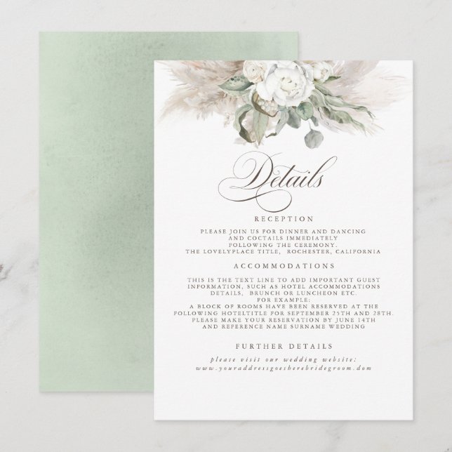 Pampas Grass Earth Shades Floral Wedding Details Begleitkarte (Vorne/Hinten)