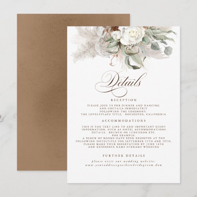 Pampas Grass Earth Shades Floral Wedding Details Begleitkarte (Vorne/Hinten)