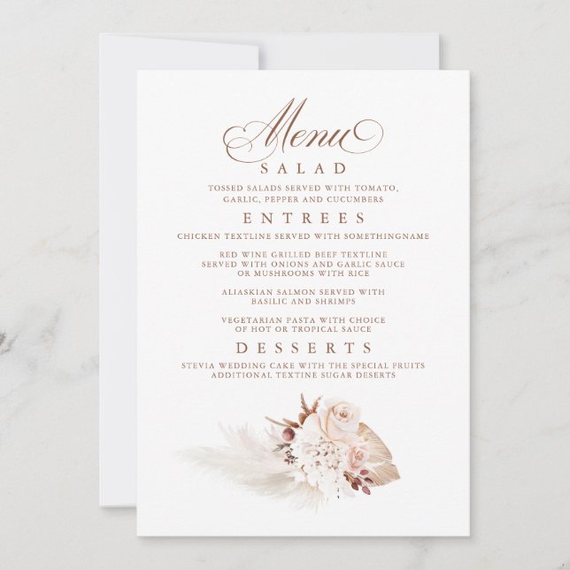 Pampas Grass Elegante Soft Wedding Menu Einladung (Vorderseite)