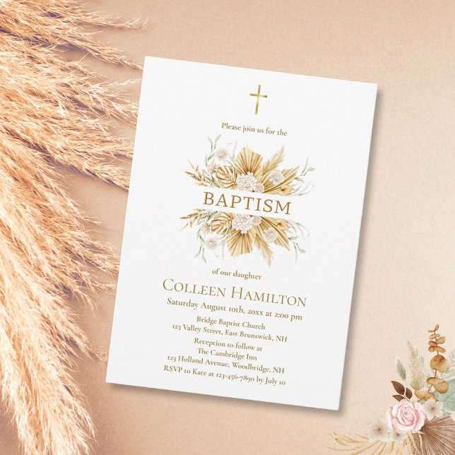 Pampas Grass Floral Baby Girl Baptism Invitation (Créateur téléchargé)