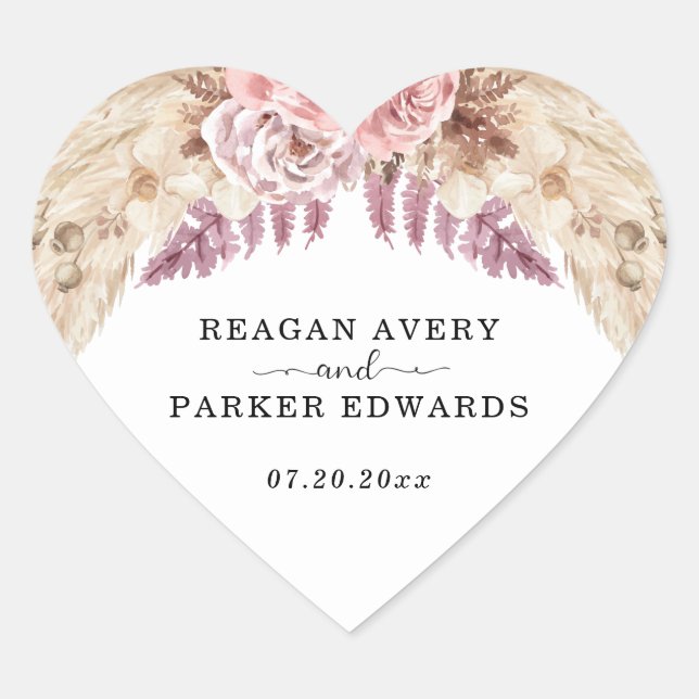 Pampas Grass Floral Custom Wedding Herz-Aufkleber (Vorderseite)